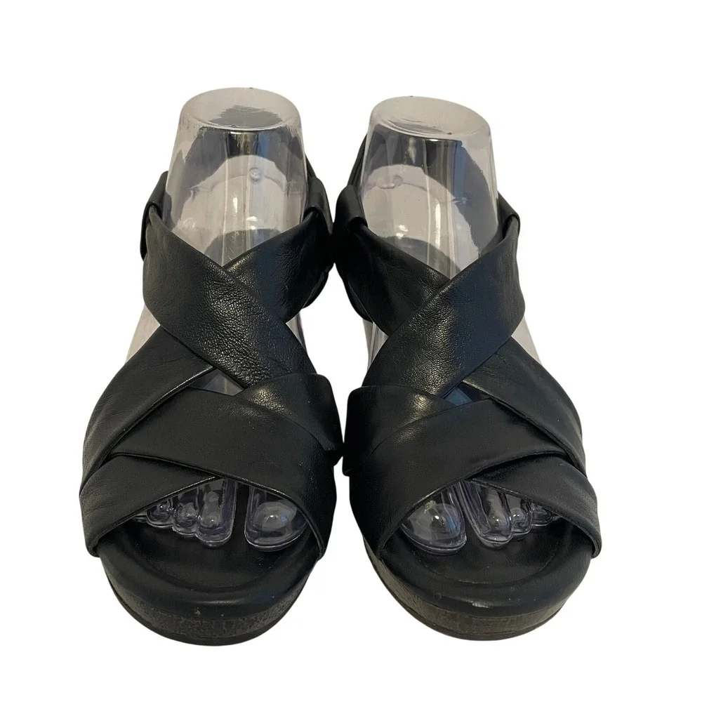 Cole‎ Haan Women's Black Leather Strappy Wedge Heels Sling Back 7.5